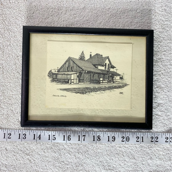 Vintage Eckville Alberta Framed Black and White Train Station Sketch - Picture 12 of 12